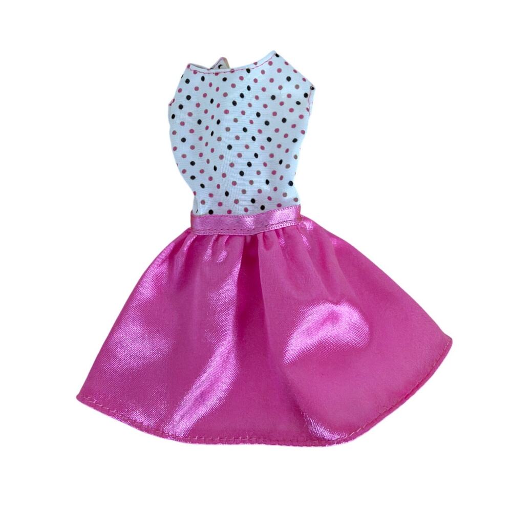 Vintage Barbie Short Dress, Pink Satin Skirt Black/Pink Polka dot top DOLL DRESS